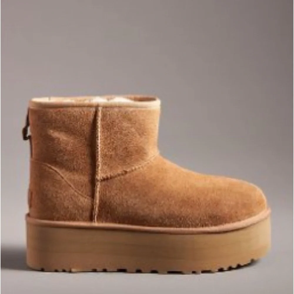 NEW UGG WOMEN'S ULTRA MINI PLATFORM SUEDE SHEARLING LINED BOOTIES CHESTNUT - Picture 1 of 7